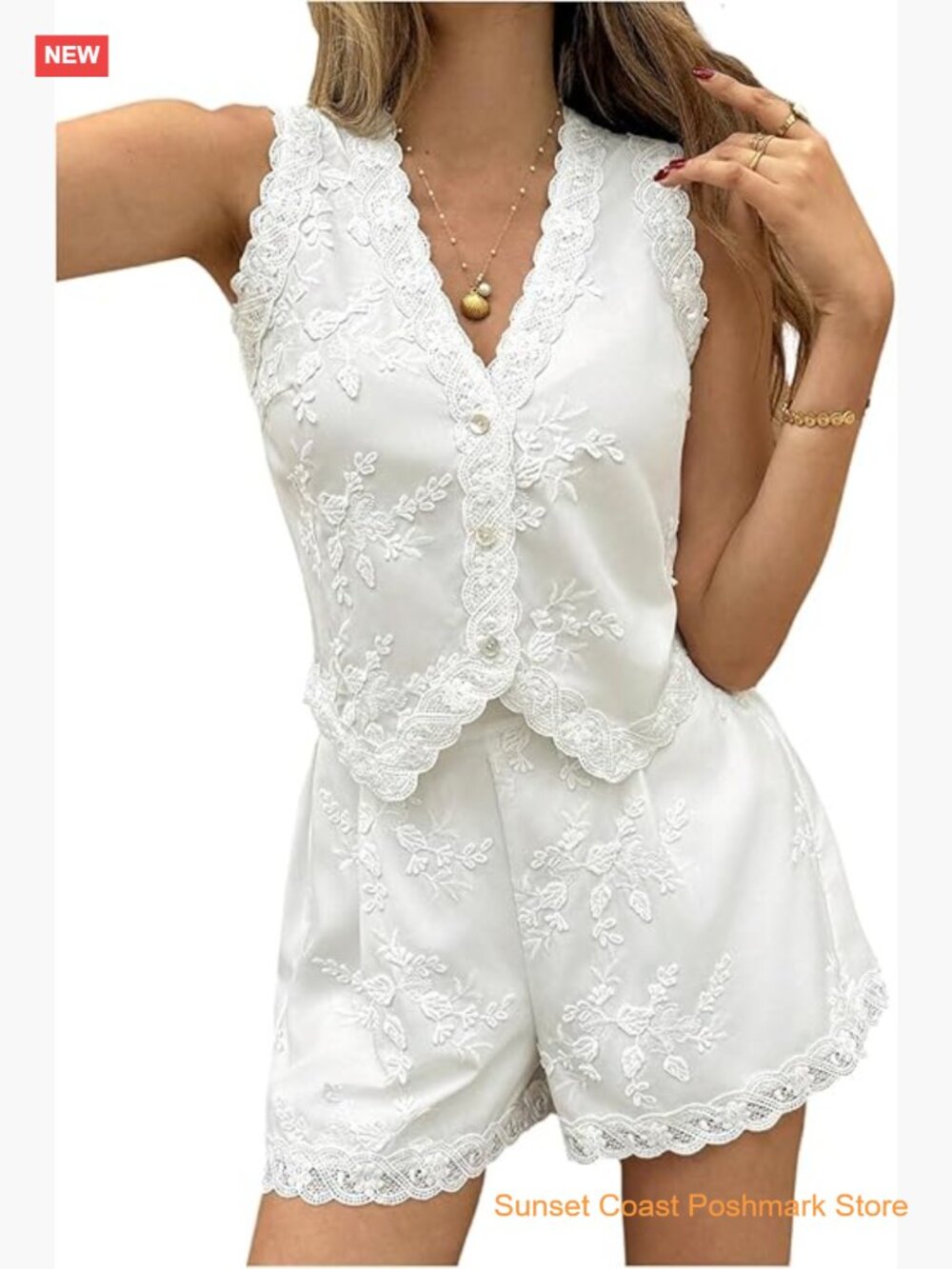Boho Floral Embroidery Sleeveless Vest and Shorts 2 Piece Outfit Summer Set